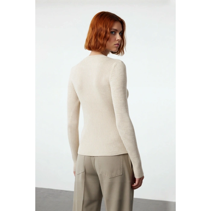 Kadın Fitted Bisiklet Yaka Uzun Kollu Fitilli Triko Kazak Casual Giyimde Vazgeçilmez Parça