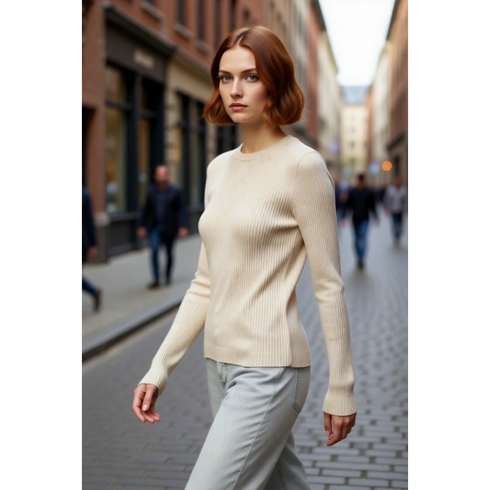 Kadın Fitted Bisiklet Yaka Uzun Kollu Fitilli Triko Kazak Günlük Şık ve Konforlu Stil Kaliteli