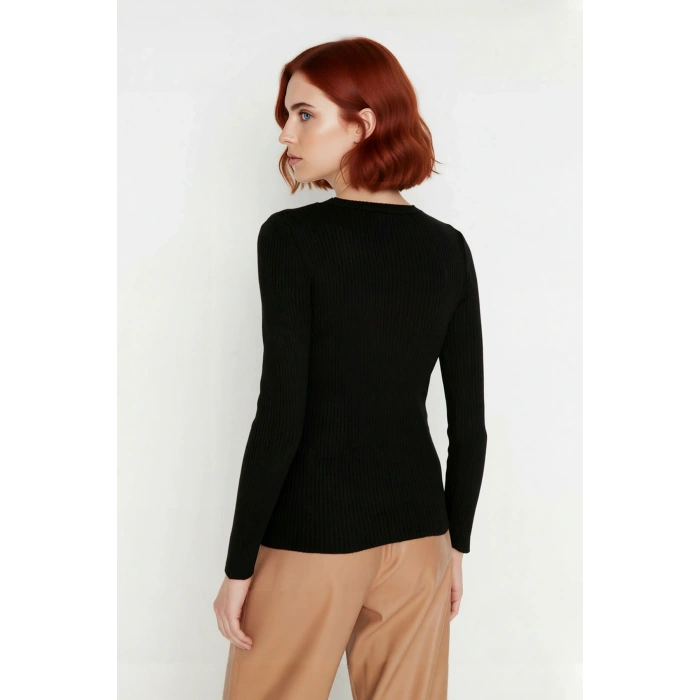 Kadın Fitted Bisiklet Yaka Uzun Kollu Fitilli Triko Kazak Günlük Şık ve Konforlu Stil Kaliteli