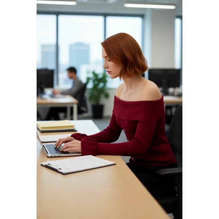 Kadın Fitted Bordo Akrilik Triko Kazak Omuzları Açık Uzun Kollu Fitilli Dokuma Gündüz Gece