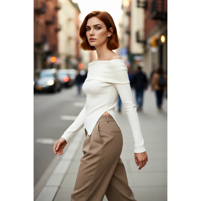 Kadın Fitted Carmen Yaka Düz İnce Triko Bluz Uzun Standart Kol Şık Tasarım Günlük Ve Gece Kombinleri