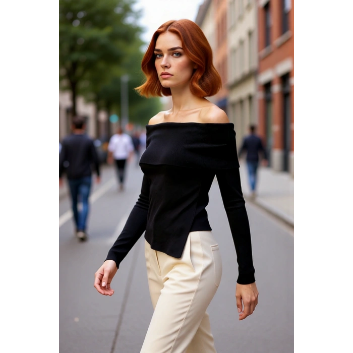 Kadın Fitted Carmen Yaka Düz İnce Triko Bluz Uzun Standart Kol Şık Tasarım Günlük Ve Gece Kombinleri