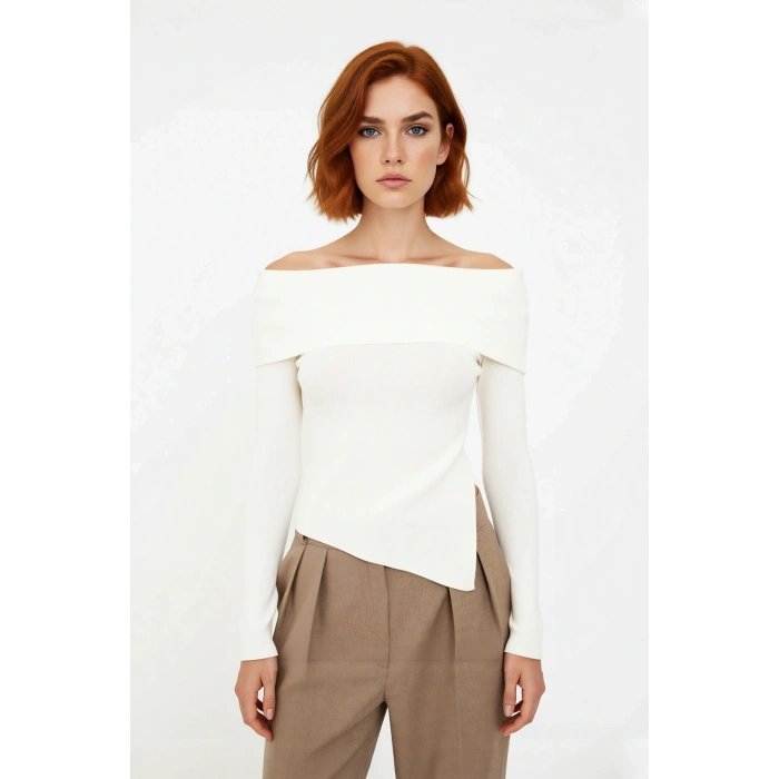 Kadın Fitted Carmen Yaka İnce Triko Kazak Uzun Standart Kol Düz Premium İplik Sonbahar Şıklığı