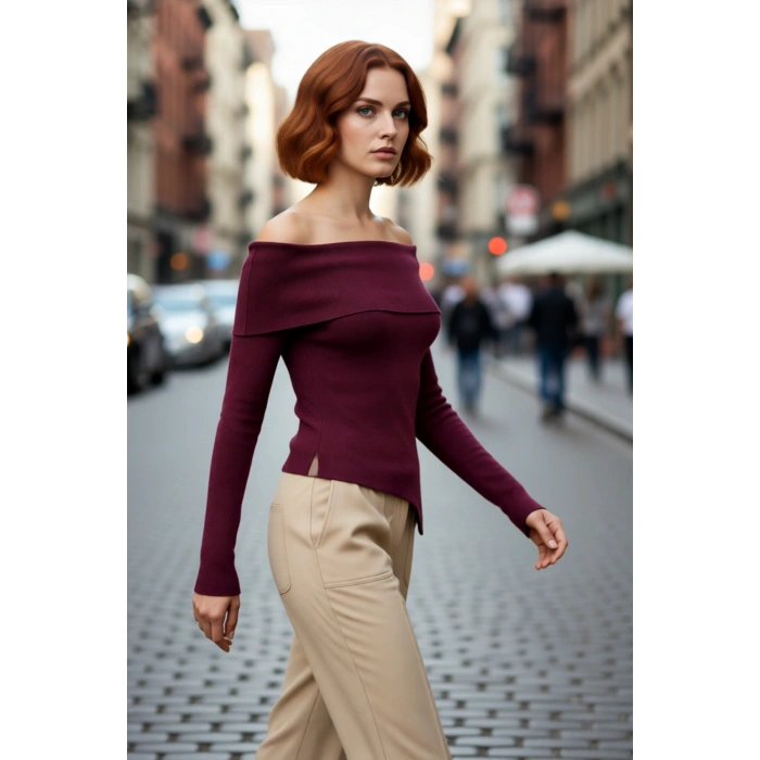 Kadın Fitted Carmen Yaka İnce Triko Kazak Uzun Standart Kol Düz Premium İplik Sonbahar Şıklığı