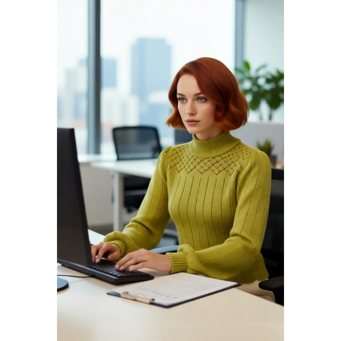 Kadın Fitted Dik Yaka Ajurlu Balon Kol Crop Triko Kazak Şık Günlük Kombinleriniz İçin İdeal Bir