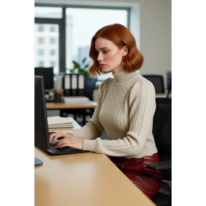 Kadın Fitted Dik Yaka Ajurlu Balon Kol Crop Triko Kazak Şık Günlük Kombinleriniz İçin İdeal Bir