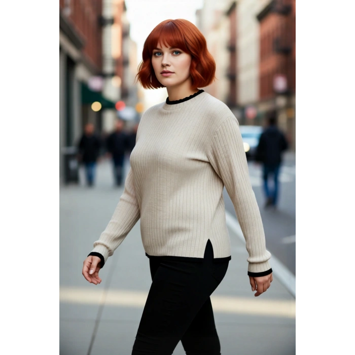 Kadın Fitted Dik Yaka Fitilli Triko Kazak Standart Kol Basic Siluet İnce Akrilik Günlük Şıklık