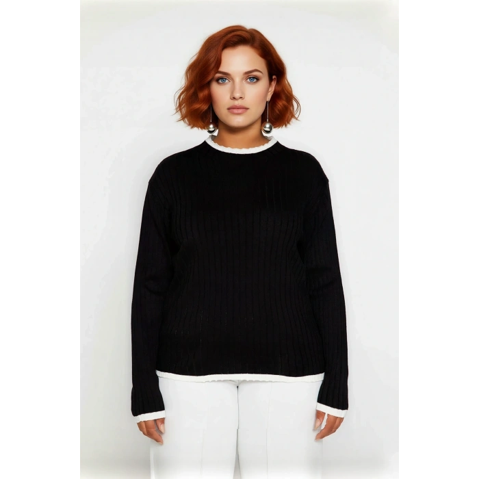 Kadın Fitted Dik Yaka Fitilli Triko Kazak Standart Kol Basic Siluet İnce Akrilik Günlük Şıklık