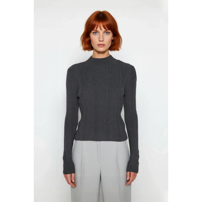 Kadın Fitted Dik Yaka Fitilli Uzun Kollu Triko Kazak Günlük Basic Siluet Kış Sonbahar Konforu