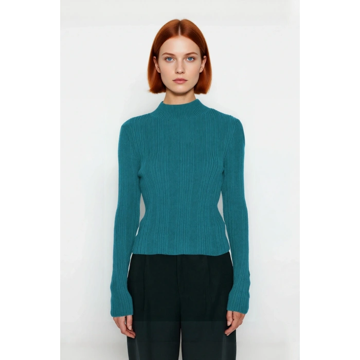 Kadın Fitted Dik Yaka Fitilli Uzun Kollu Triko Kazak Günlük Basic Siluet Kış Sonbahar Konforu