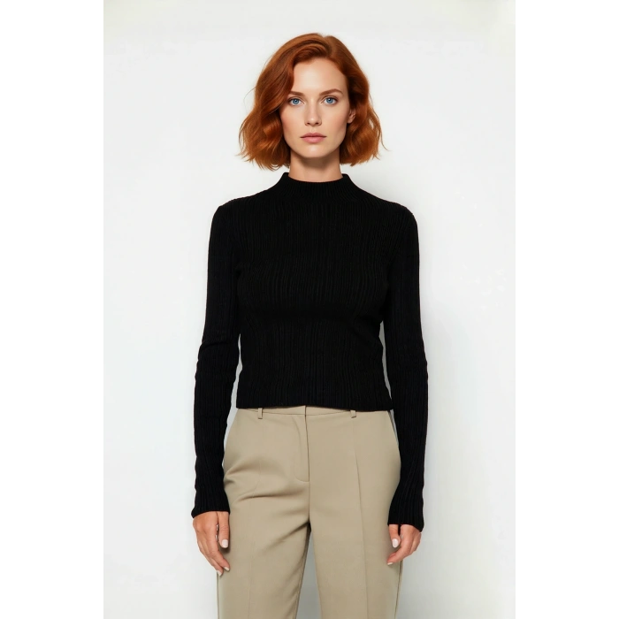 Kadın Fitted Dik Yaka Fitilli Uzun Kollu Triko Kazak Günlük Basic Siluet Kış Sonbahar Konforu