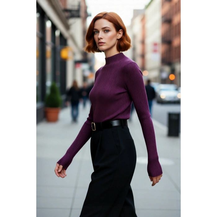 Kadın Fitted Dik Yaka Fitilli Uzun Kollu Triko Kazak Günlük Basic Siluet Kış Sonbahar Konforu