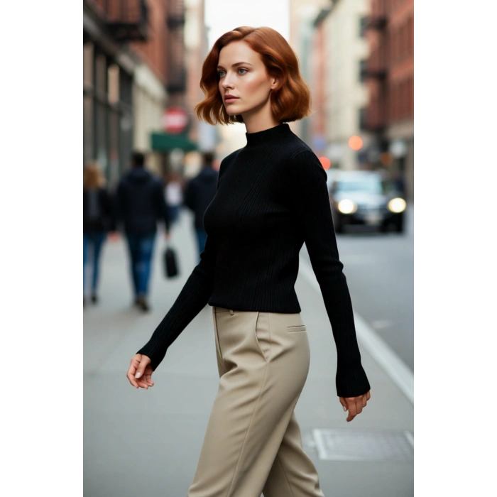 Kadın Fitted Dik Yaka Fitilli Uzun Kollu Triko Kazak Günlük Basic Siluet Kış Sonbahar Konforu