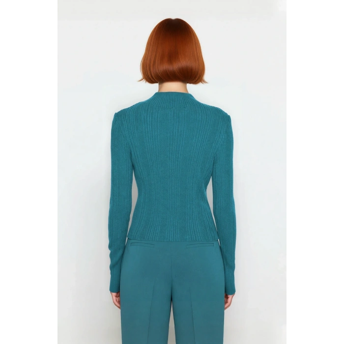 Kadın Fitted Dik Yaka Fitilli Uzun Kollu Triko Kazak Günlük Basic Siluet Kış Sonbahar Konforu