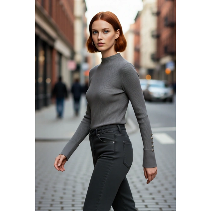 Kadın Fitted Dik Yaka Uzun Kollu Fitilli Dokuma Triko Kazak Casual Basic Şıklık Sunar Kaliteli