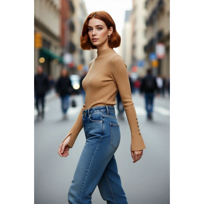 Kadın Fitted Dik Yaka Uzun Kollu Fitilli Dokuma Triko Kazak Casual Basic Şıklık Sunar Kaliteli