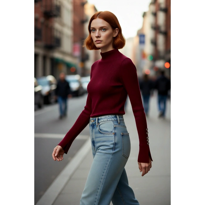 Kadın Fitted Dik Yaka Uzun Kollu Fitilli Dokuma Triko Kazak Casual Basic Şıklık Sunar Kaliteli