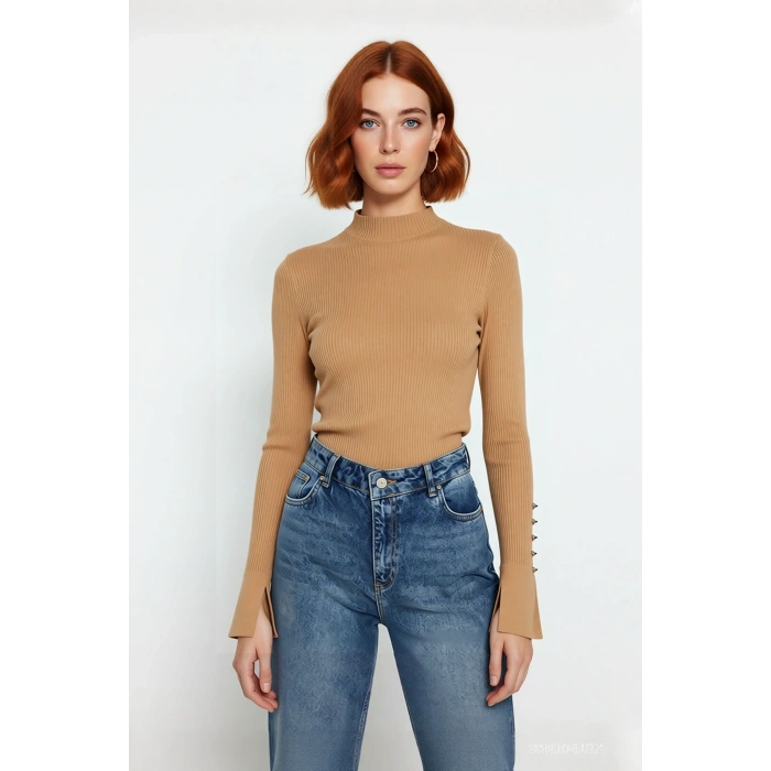 Kadın Fitted Dik Yaka Uzun Kollu Fitilli Dokuma Triko Kazak Casual Basic Şıklık Sunar Kaliteli