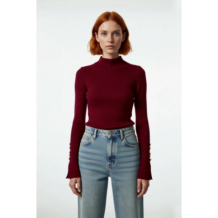 Kadın Fitted Dik Yaka Uzun Kollu Fitilli Dokuma Triko Kazak Casual Basic Şıklık Sunar Kaliteli