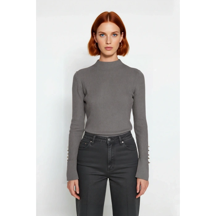 Kadın Fitted Dik Yaka Uzun Kollu Fitilli Dokuma Triko Kazak Casual Basic Şıklık Sunar Kaliteli