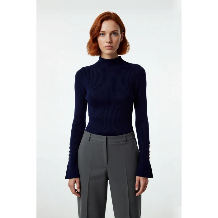 Kadın Fitted Dik Yaka Uzun Kollu Fitilli Dokuma Triko Kazak Casual Basic Şıklık Sunar Kaliteli