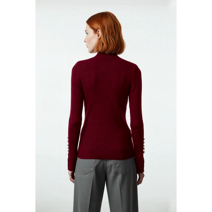 Kadın Fitted Dik Yaka Uzun Kollu Fitilli Dokuma Triko Kazak Casual Basic Şıklık Sunar Kaliteli