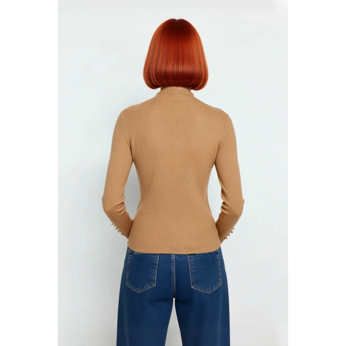 Kadın Fitted Dik Yaka Uzun Kollu Fitilli Dokuma Triko Kazak Casual Basic Şıklık Sunar Kaliteli