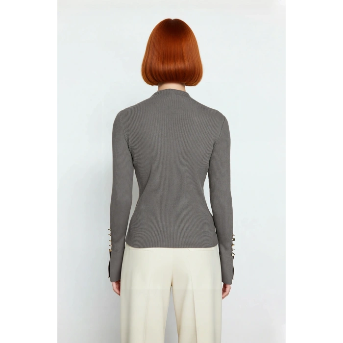 Kadın Fitted Dik Yaka Uzun Kollu Fitilli Dokuma Triko Kazak Casual Basic Şıklık Sunar Kaliteli