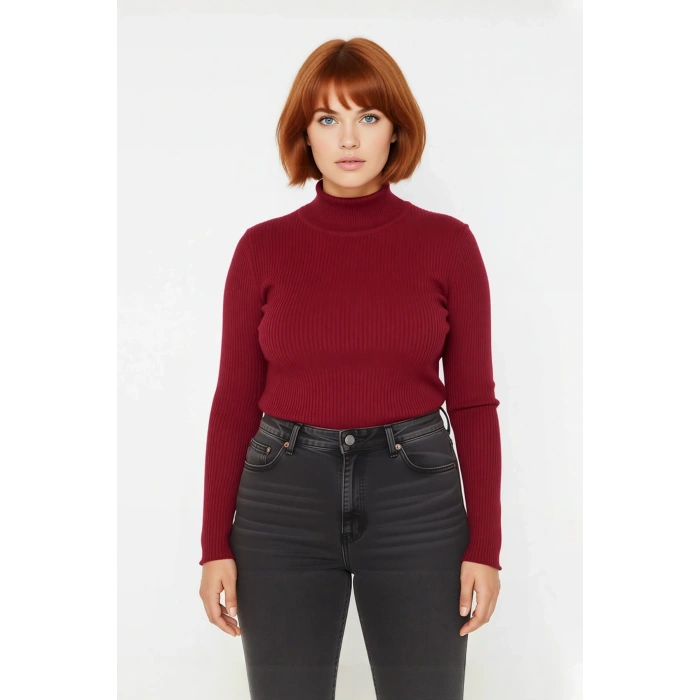 Kadın Fitted Dik Yaka Uzun Kollu Fitilli İnce Akrilik Triko Kazak Günlük Şıklık Sunar Modern Basic