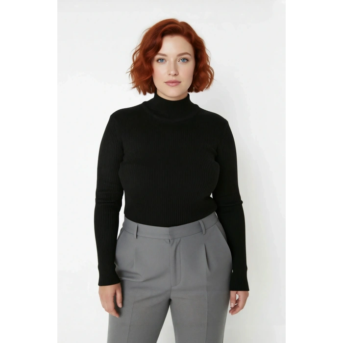 Kadın Fitted Dik Yaka Uzun Kollu Fitilli İnce Akrilik Triko Kazak Günlük Şıklık Sunar Modern Basic