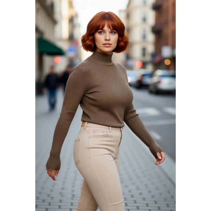 Kadın Fitted Dik Yaka Uzun Kollu Fitilli İnce Akrilik Triko Kazak Günlük Şıklık Sunar Modern Basic