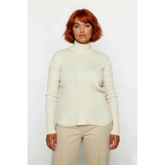 Kadın Fitted Dik Yaka Uzun Kollu Fitilli İnce Akrilik Triko Kazak Günlük Şıklık Sunar Modern Basic