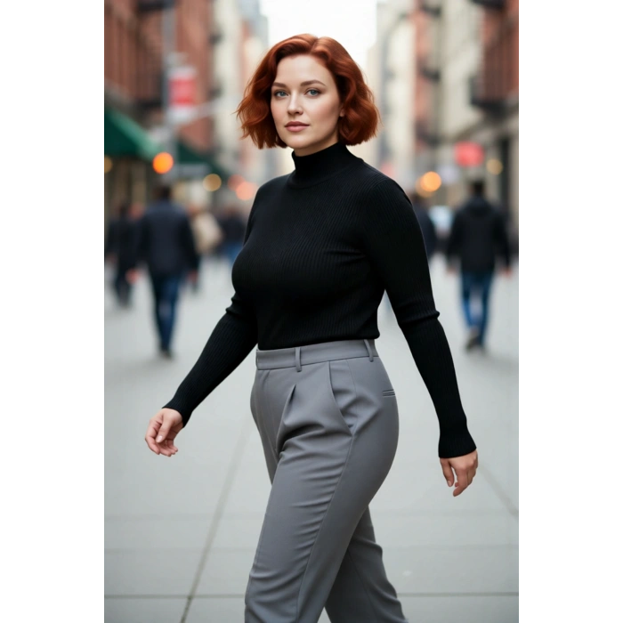 Kadın Fitted Dik Yaka Uzun Kollu Fitilli İnce Akrilik Triko Kazak Günlük Şıklık Sunar Modern Basic