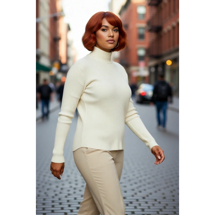 Kadın Fitted Dik Yaka Uzun Kollu Fitilli İnce Akrilik Triko Kazak Günlük Şıklık Sunar Modern Basic