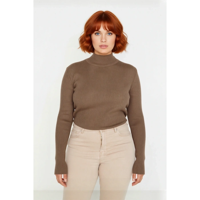 Kadın Fitted Dik Yaka Uzun Kollu Fitilli İnce Akrilik Triko Kazak Günlük Şıklık Sunar Modern Basic