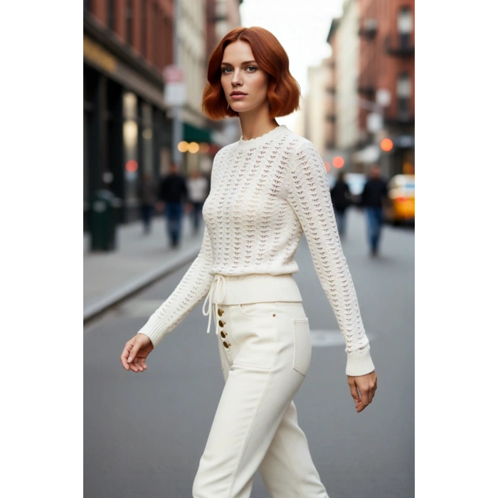 Kadın Fitted Ekru Ajurlu Triko Kazak Büzgülü Kolları Ve Rahat Kesimiyle İlkbahar Sonbahar Günlük