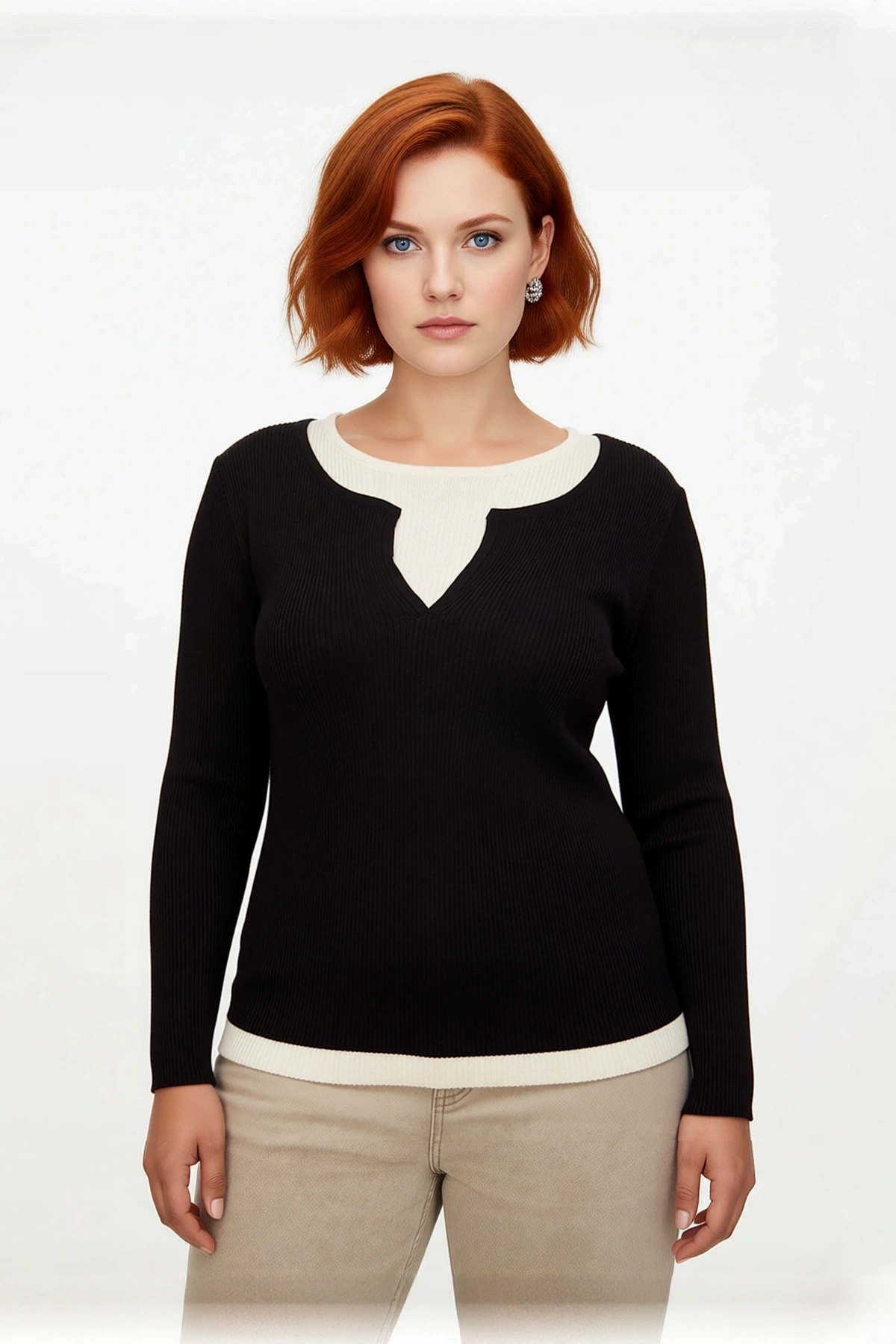 Kadın Fitted Fitilli Triko Kazak İnce Yapılı Polyester Çift Katman Görünümlü İlkbahar Sonbahar