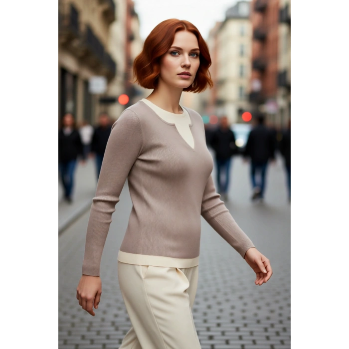 Kadın Fitted Fitilli Triko Kazak İnce Yapılı Polyester Çift Katman Görünümlü İlkbahar Sonbahar