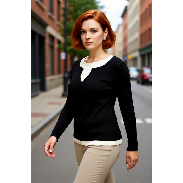 Kadın Fitted Fitilli Triko Kazak İnce Yapılı Polyester Çift Katman Görünümlü İlkbahar Sonbahar