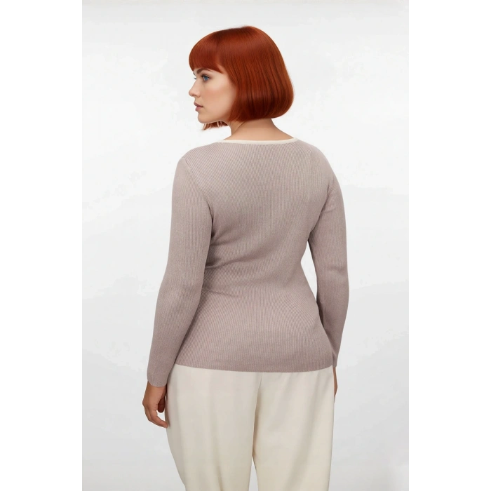 Kadın Fitted Fitilli Triko Kazak İnce Yapılı Polyester Çift Katman Görünümlü İlkbahar Sonbahar