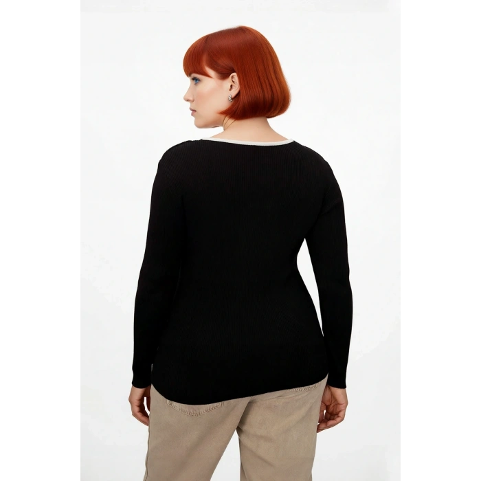 Kadın Fitted Fitilli Triko Kazak İnce Yapılı Polyester Çift Katman Görünümlü İlkbahar Sonbahar