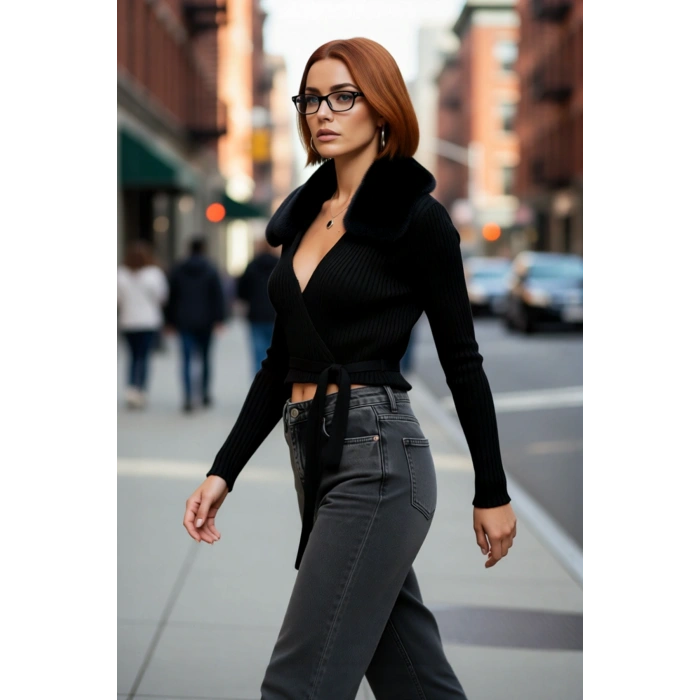 Kadın Fitted Kalıp Bağcıklı Kürklü Yaka Crop Triko Kazak Kışlık Kombinlerinize Şıklık Katıyor