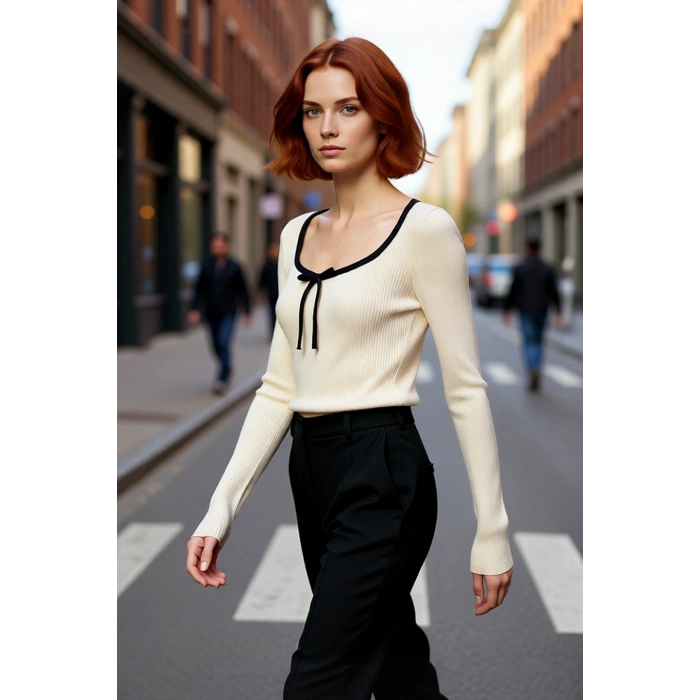 Kadın Fitted Kalıp Fitilli Dokuma Havuz Yaka Triko Kazak İnce Yapısıyla Modern Bir Stil Sunar