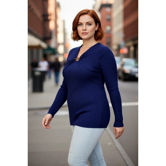 Kadın Fitted Kalıp Fitilli Triko Kazak Özel İplik Aksesuar Detaylı V Yaka Şık Tasarım Kaliteli