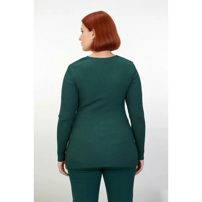 Kadın Fitted Kalıp Fitilli Triko Kazak Özel İplik Aksesuar Detaylı V Yaka Şık Tasarım Kaliteli