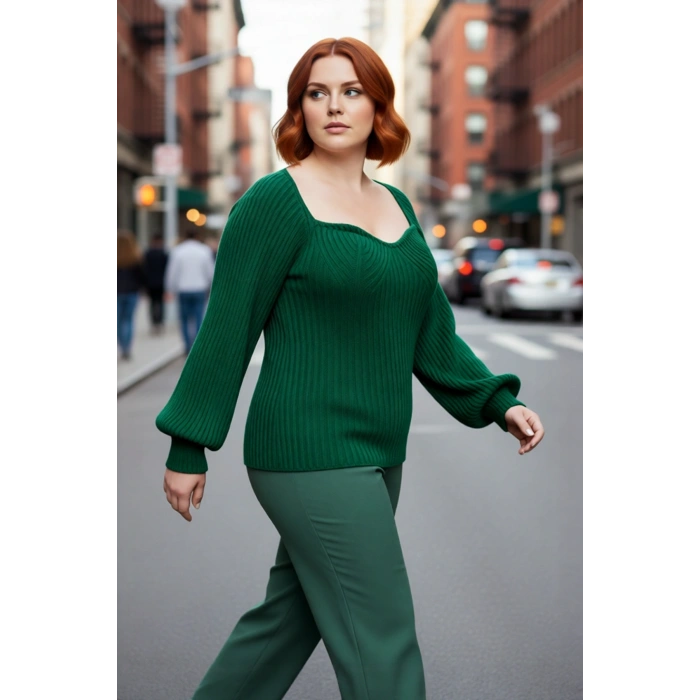 Kadın Fitted Kalıp Kalp Yaka Uzun Reglan Kollu Fitilli Triko Kazak Günlük Şık Akrilik Dokuma