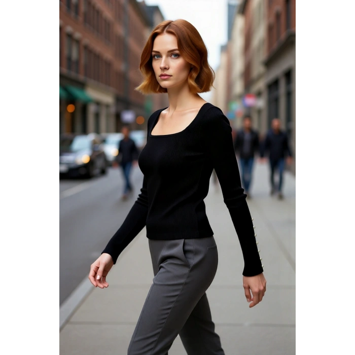 Kadın Fitted Kare Yaka İspanyol Kol Düğme Detaylı Fitilli Triko Kazak İlkbahar Sonbahar Şıklığı