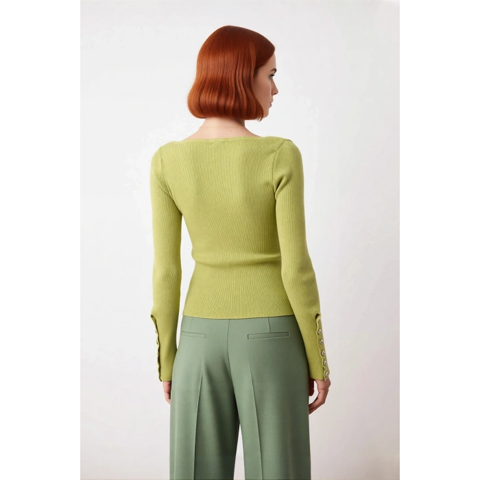 Kadın Fitted Kare Yaka İspanyol Kol Düğme Detaylı Fitilli Triko Kazak İlkbahar Sonbahar Şıklığı