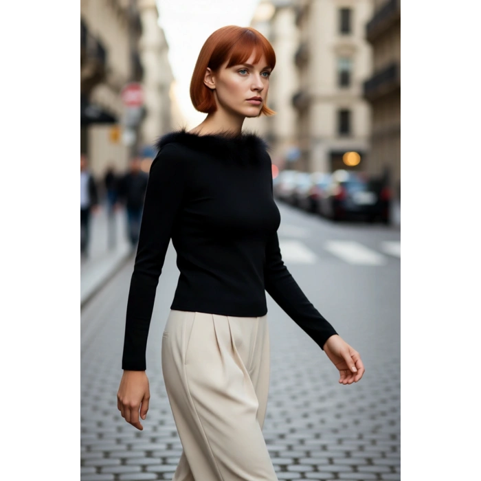 Kadın Fitted Kayık Yaka Tüylü Detay Triko Kazak Uzun Kollu İnce Dokulu Kış Modası Sunar Kaliteli