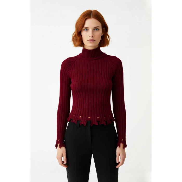 Kadın Fitted Kesim Crop Dik Yaka Uzun Reglan Kollu Fitilli Triko Kazak Soğuk Havalar İçin Şık Ve